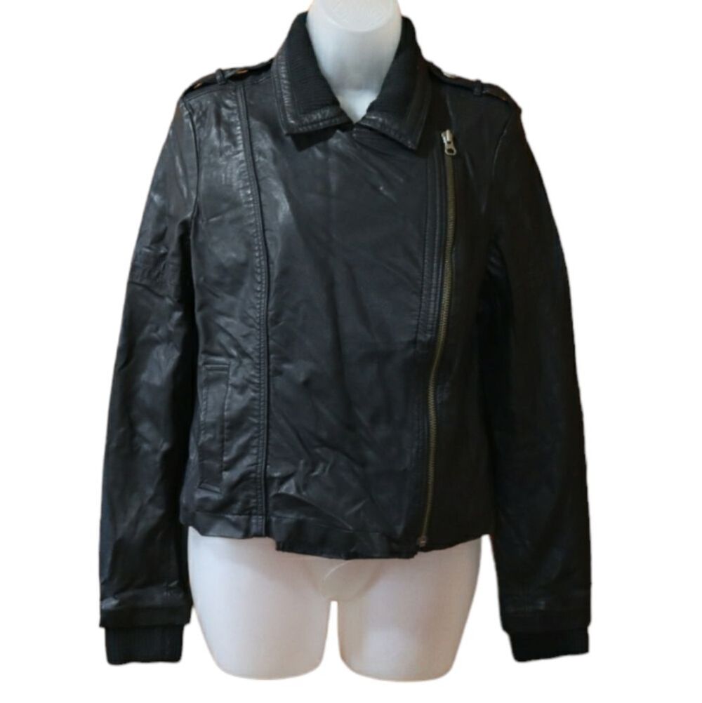 Free People Black Pleather Moto Zip Jacket Small
